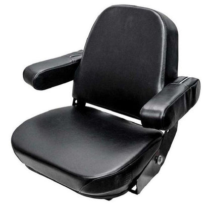 Black tractor seat assembly with fold-up armrests, durable vinyl upholstery, and steel frame for Case and Massey Ferguson.