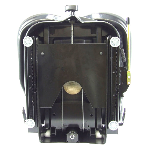 Black heavy-duty suspension seat for skid steers and tractors with adjustable mounting rails and tension knob.