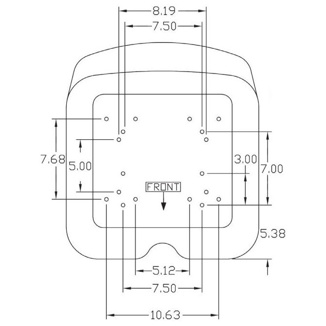 Technical diagram showing multiple mounting hole patterns on the underside of a compact lawn tractor seat.