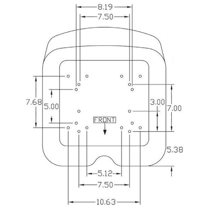 Technical diagram showing mounting hole patterns and dimensions for a high-back lawn tractor replacement seat.