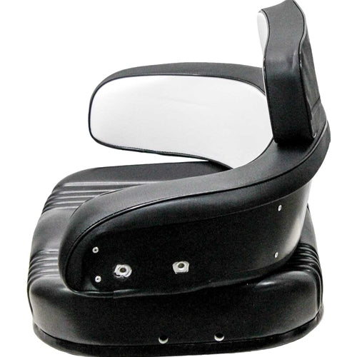 3-piece black and white vinyl tractor seat cushion set with steel back construction for International Harvester equipment.