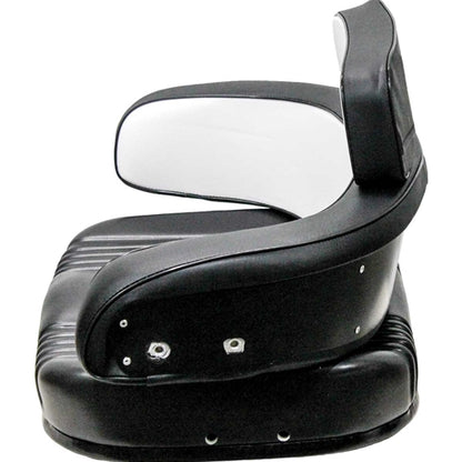 3-piece black and white vinyl tractor seat cushion set with steel back construction for International Harvester equipment.