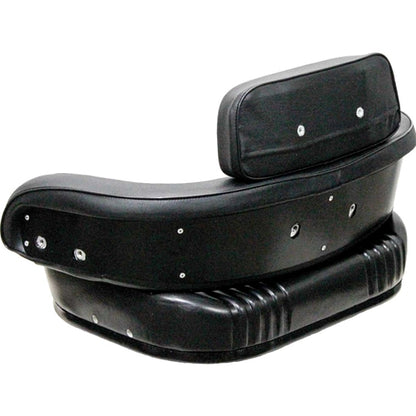 Three-piece black vinyl tractor seat cushion set with steel back construction for International agricultural equipment.
