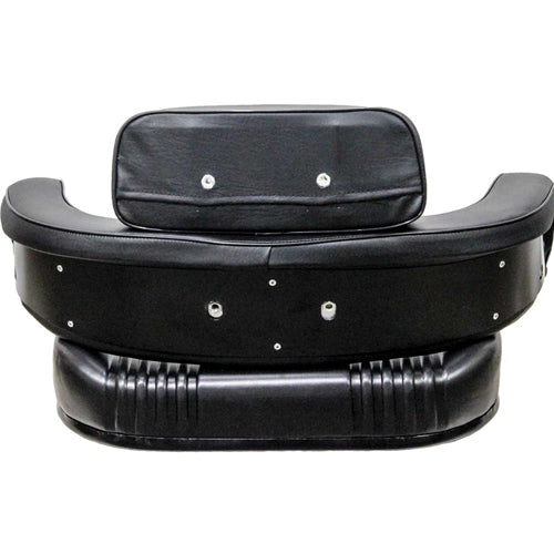 Three-piece black vinyl tractor seat cushion set with steel back construction for International agricultural equipment.