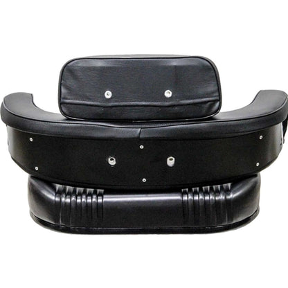 Three-piece black vinyl tractor seat cushion set with steel back construction for International agricultural equipment.