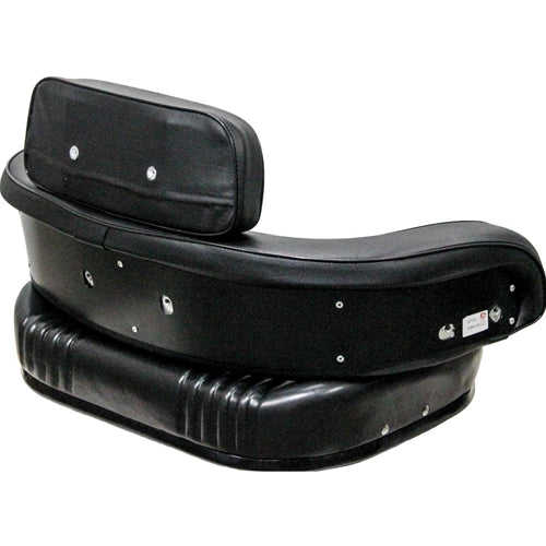 Three-piece black vinyl tractor seat cushion set with steel back construction for International Harvester equipment.