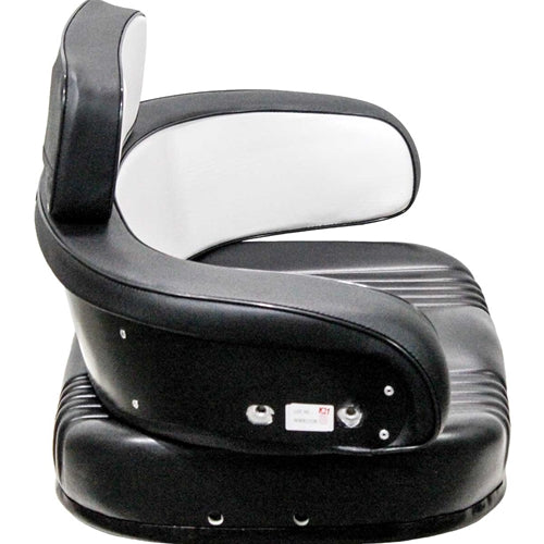 Three-piece black and white vinyl tractor seat cushion set with steel back construction for International Harvester equipment.