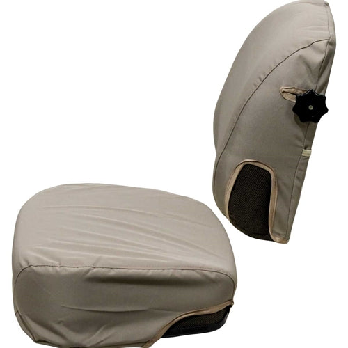 Tan John Deere tractor seat cover kit with backrest and bottom cushion featuring durable fabric and side adjustment knob.