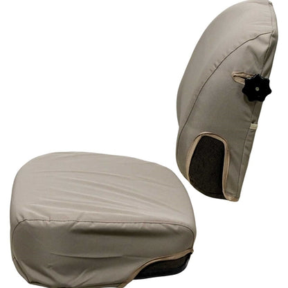 Tan John Deere tractor seat cover kit with backrest and bottom cushion featuring durable fabric and side adjustment knob.