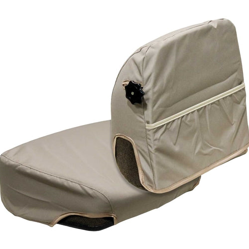 Tan John Deere personal posture seat cover kit with mesh side panels and a black adjustment knob on a white background.
