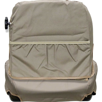 Tan fabric John Deere tractor seat cover kit featuring a backrest storage pocket and durable, form-fitting design.