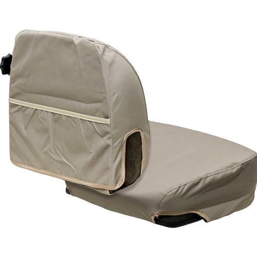Tan John Deere tractor seat cover kit with storage pocket and durable fabric design for heavy-duty equipment.