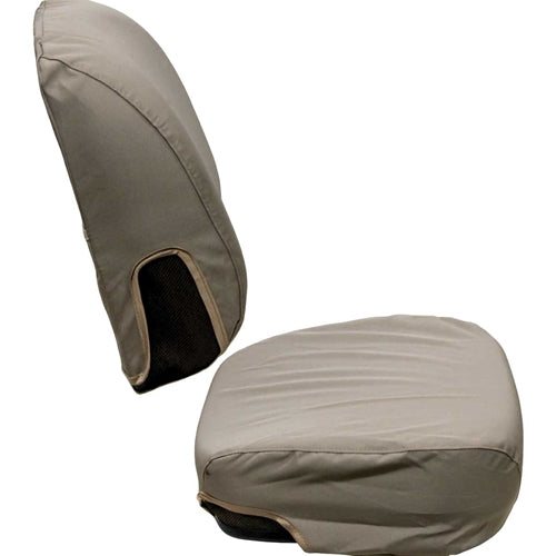 Tan John Deere tractor seat cover kit with durable fabric and black mesh side ventilation panels.