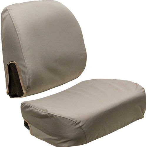 Tan John Deere tractor seat cover kit with durable fabric, contoured backrest, and cushioned seat base.