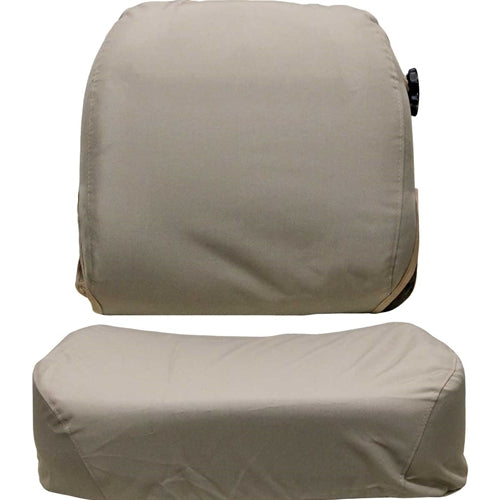 Tan John Deere personal posture tractor seat cover kit with durable fabric back and bottom cushions.
