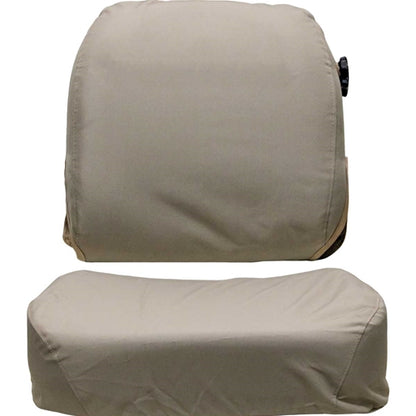 Tan John Deere personal posture tractor seat cover kit with durable fabric back and bottom cushions.