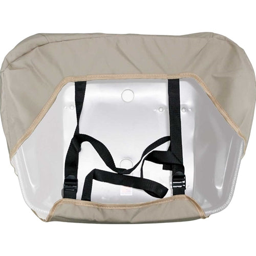 Tan fabric John Deere tractor seat cover with black adjustable nylon straps and buckles for a secure fit.
