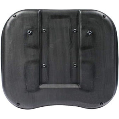 Black plastic underside of a Big Boy seat replacement cushion with mounting bolt holes and contoured design.