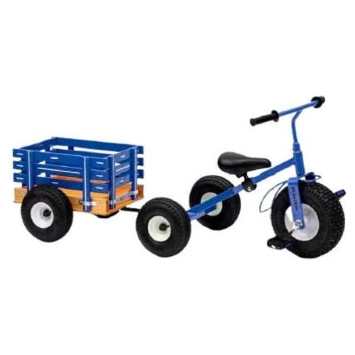 Blue Speedway heavy-duty tricycle with a matching wooden-base cart wagon and 10-inch pneumatic tires for kids.