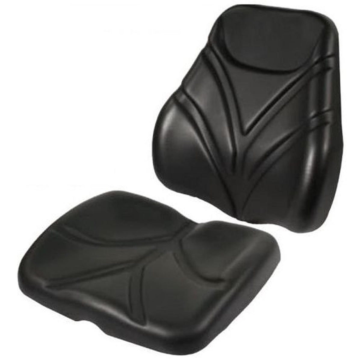 Two-piece black vinyl tractor seat cushion set with contoured ergonomic design for agricultural and construction equipment.
