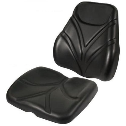 Two-piece black vinyl tractor seat cushion set with contoured ergonomic design for agricultural and construction equipment.