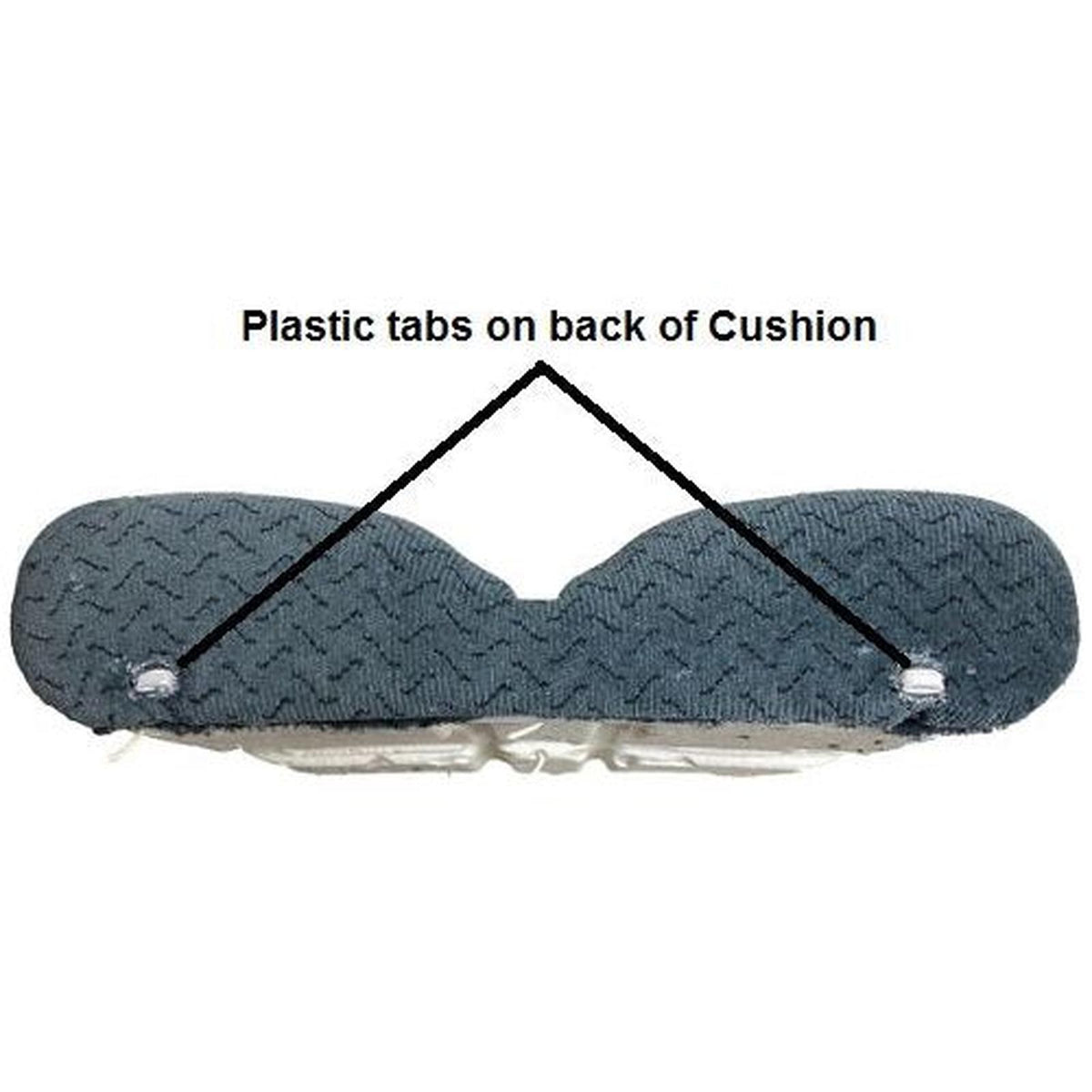 Grey textured tractor seat cushion with two white plastic mounting tabs on the back for secure installation.