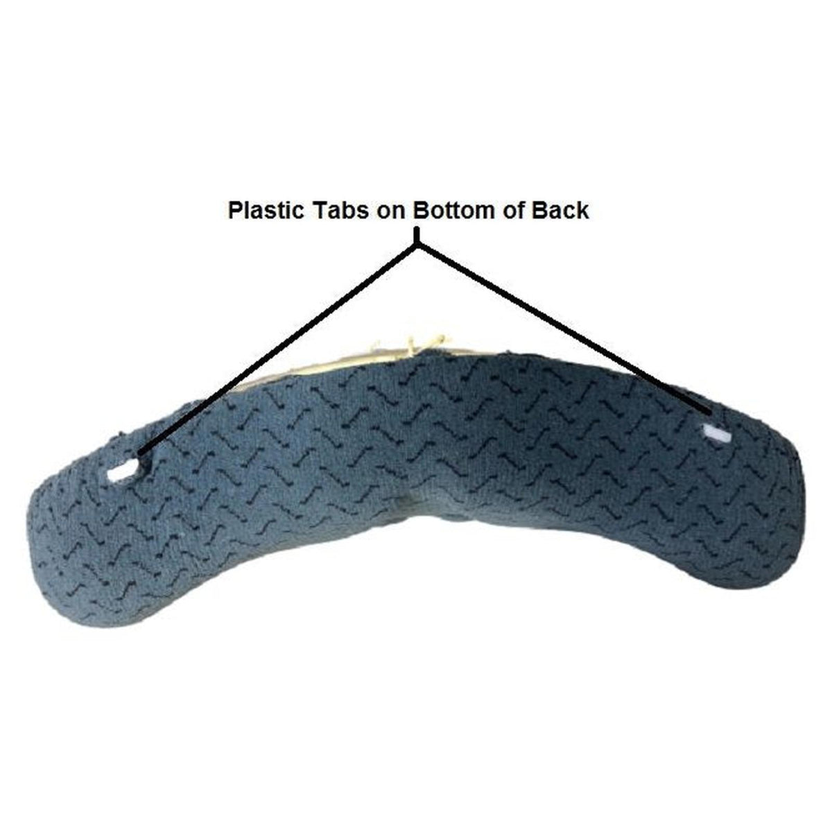 Grey textured tractor seat back cushion with two white plastic mounting tabs on the bottom edge.