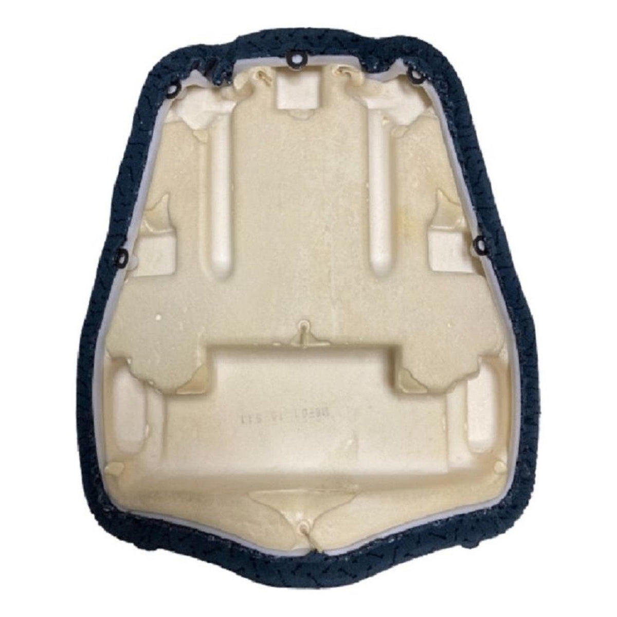 Black textured tractor seat cushion replacement with a molded beige foam underside and mounting holes.