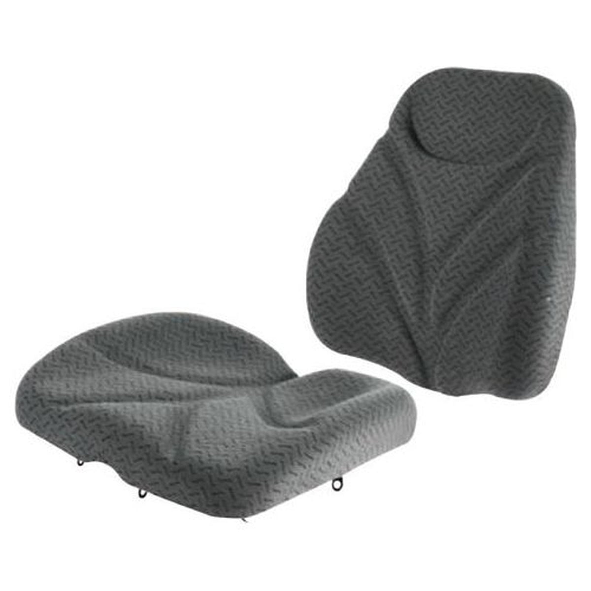 Two-piece gray fabric tractor seat cushion set with a textured diamond pattern for agricultural and industrial equipment.