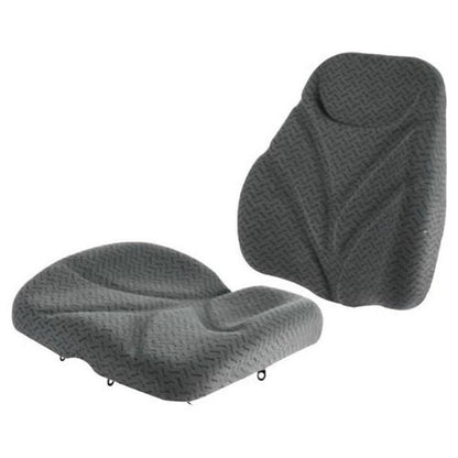 Two-piece gray fabric tractor seat cushion set with a textured diamond pattern for agricultural and industrial equipment.