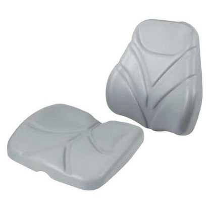 Two-piece grey tractor seat cushion set with contoured, molded vinyl design for agricultural and construction equipment.