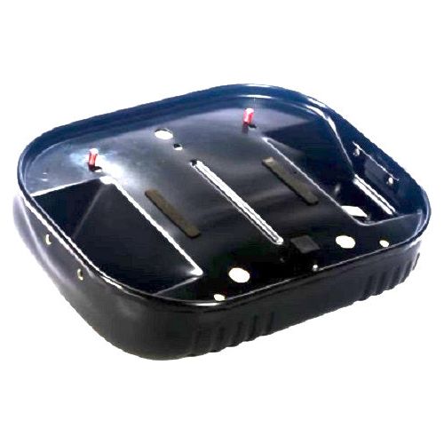 Black steel tractor seat base with mounting holes for International Harvester equipment replacement.