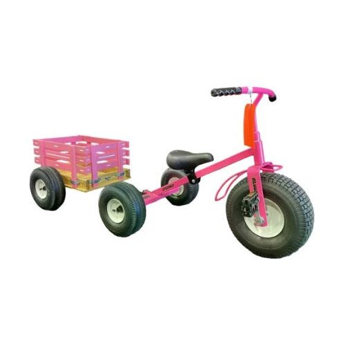 Pink Speedway heavy-duty tricycle with a matching detachable wooden slat cart and large 10-inch pneumatic tires.