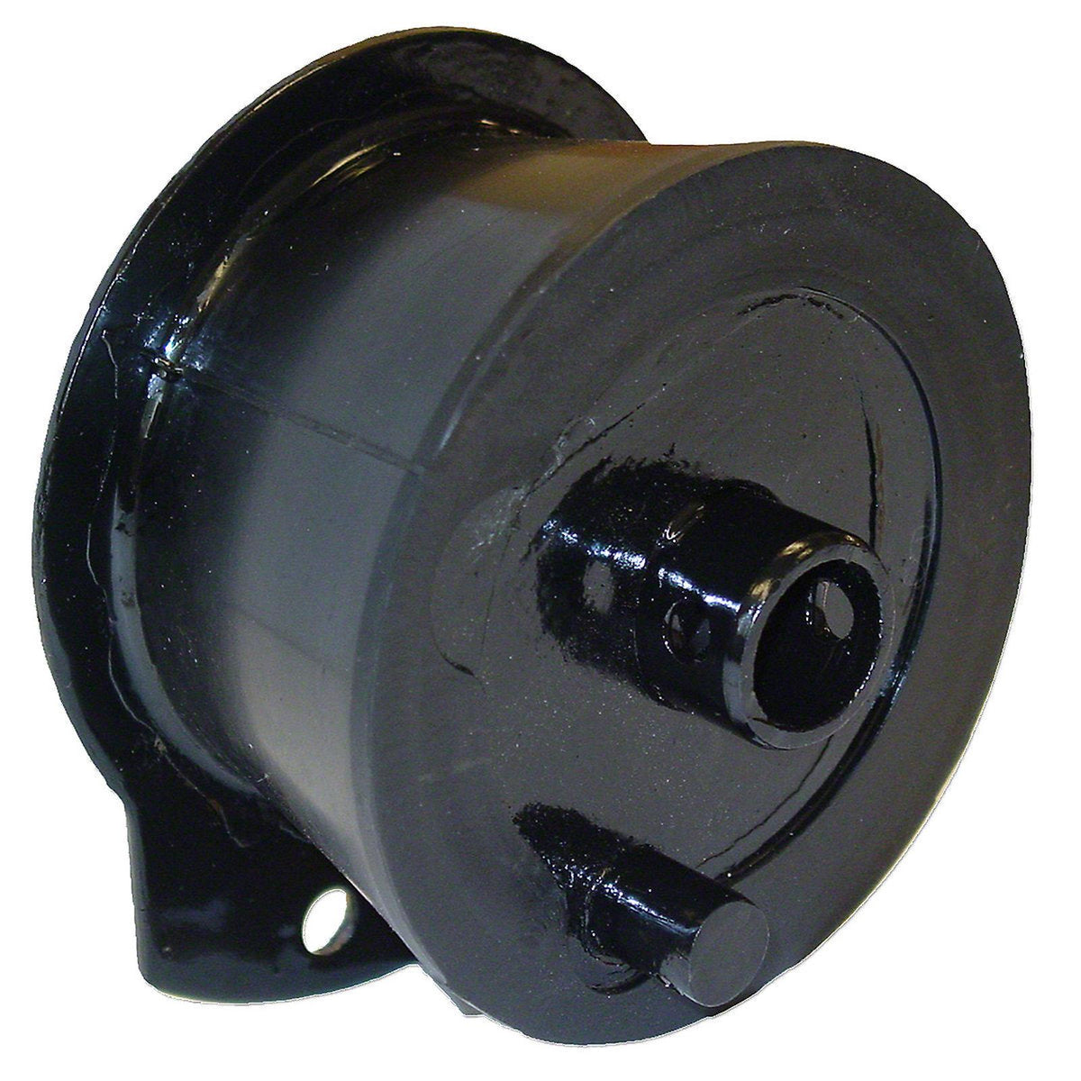Black cylindrical rubber torsion seat spring with a central mounting post and metal flange for tractor seats.