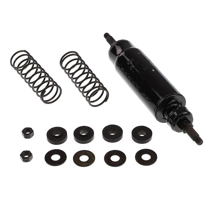 Black tractor seat shock absorber kit with two metal springs, washers, and nuts on a white background.