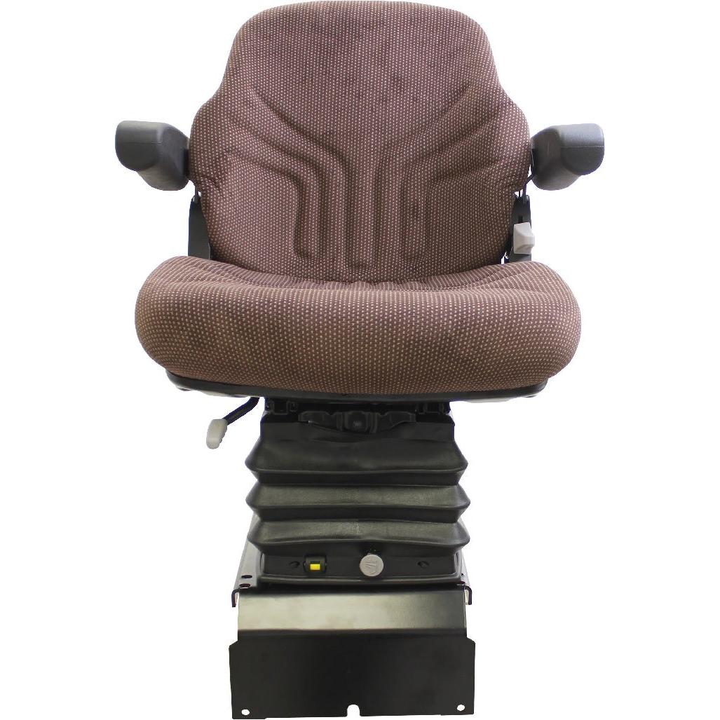 Brown fabric air suspension tractor seat with foldable armrests and adjustable base for John Deere equipment.