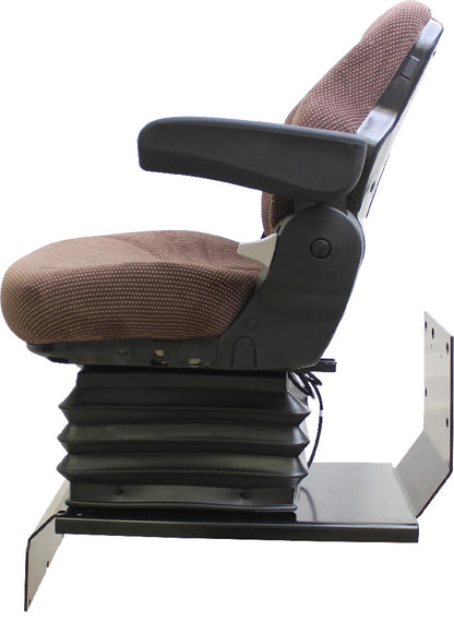 Brown fabric air suspension tractor seat with black armrests, adjustable backrest, and mounting pedestal for John Deere.
