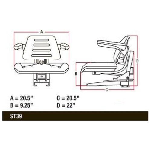Mahindra Tractor Seat w/ Slide Tracks / Arm Rests