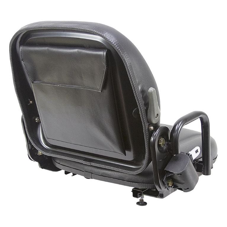 Black vinyl high-back tractor seat with adjustable backrest, hip restraints, and rear document pouch on a steel frame.