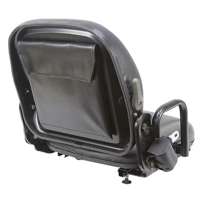 Black vinyl high-back tractor seat with adjustable backrest, hip restraints, and rear document pouch on a steel frame.