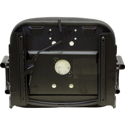 Black vinyl high-back tractor seat with adjustable steel frame, slide rails, and mounting patterns for heavy equipment.