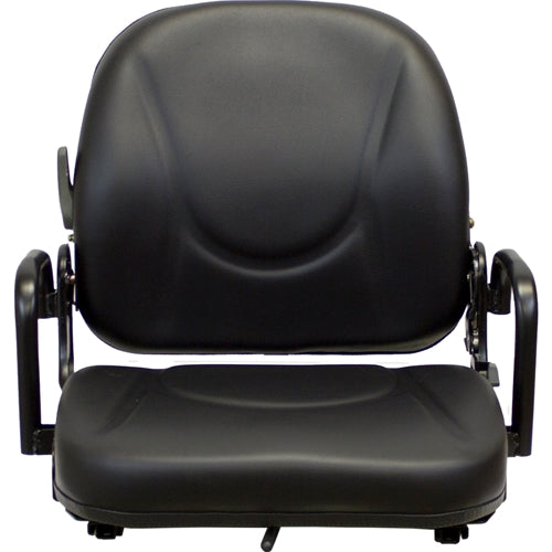 Black high-back vinyl utility seat with adjustable armrests and steel frame for forklifts and tractors.