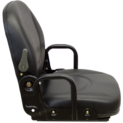 Black vinyl high-back equipment seat with adjustable backrest, armrests, and steel frame for tractors and forklifts.