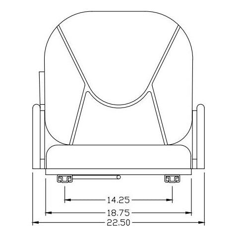 Technical line drawing of a high-back tractor seat with hip restraints and dimensions for mounting and width.