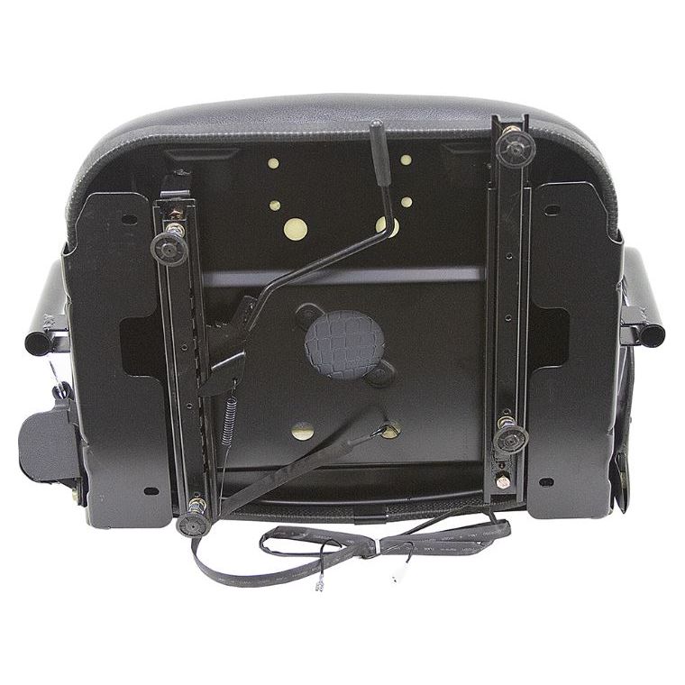 Black vinyl high-back tractor seat with adjustable steel slide rails and mounting hardware.