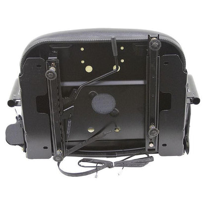 Black vinyl high-back tractor seat with adjustable steel slide rails and mounting hardware.