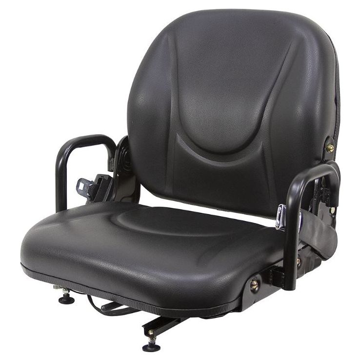 Black vinyl high-back utility seat with adjustable armrests and steel frame for forklifts, tractors, and mowers.