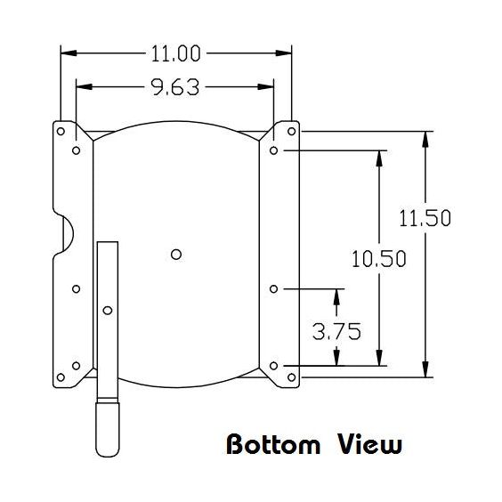 Technical diagram of a John Deere seat swivel assembly showing mounting dimensions and handle placement in bottom view.