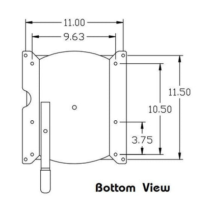 Technical diagram of a John Deere seat swivel assembly showing mounting dimensions and handle placement in bottom view.