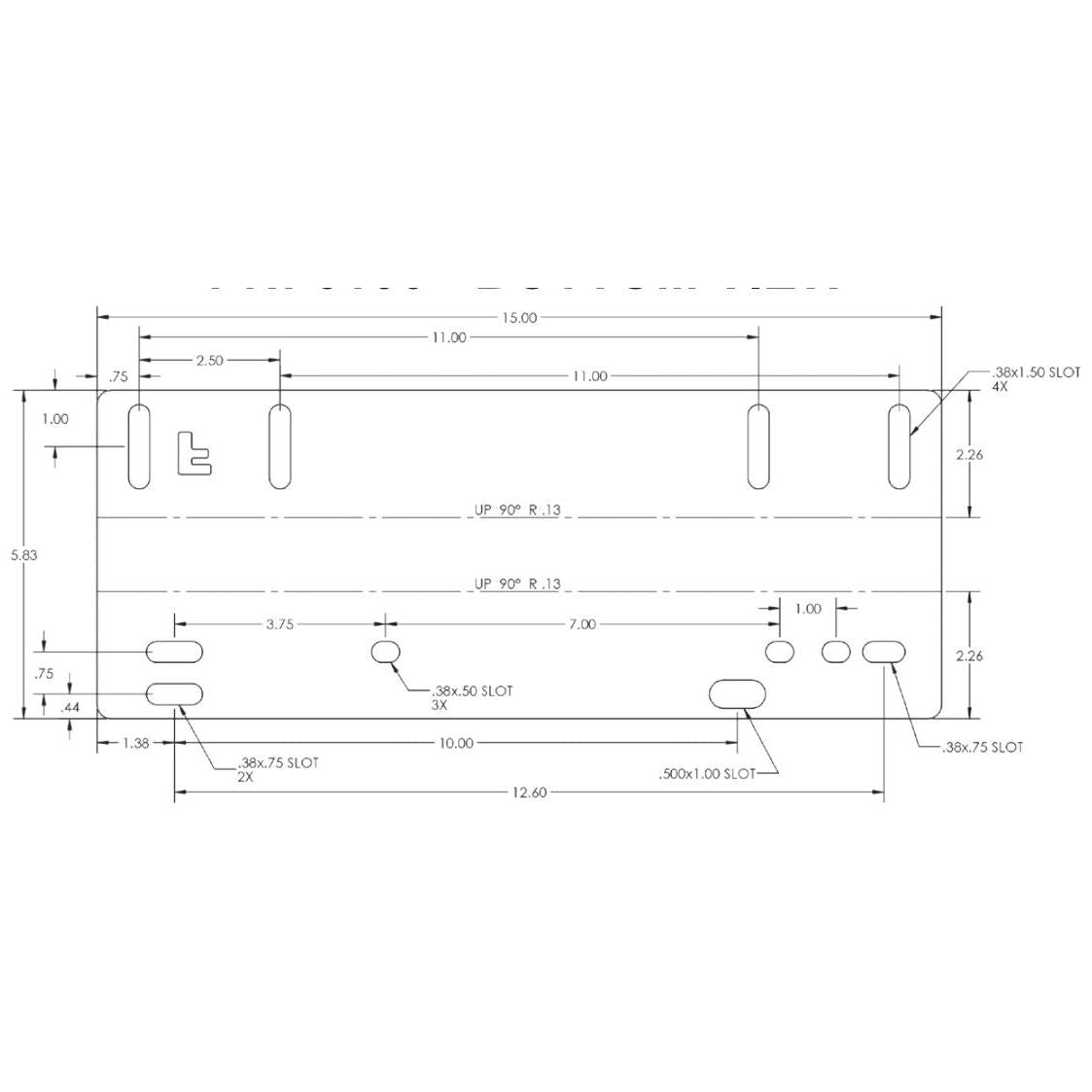 Technical drawing of a steel tractor seat adapter bracket with multiple mounting slots and precise dimensions.